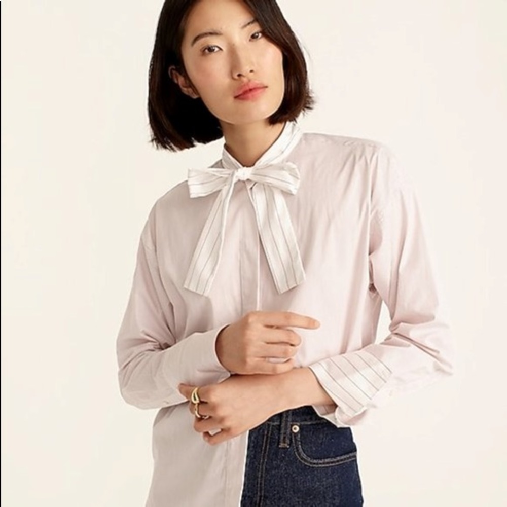 🆕 Thomas Mason for J. Crew Tie Neck Button Down White Burgundy Stripe Top